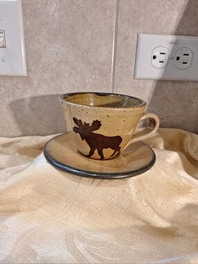 Monroe Salt Works Rustic Moose Ceramic Teacup and Saucer - Tan and Brown